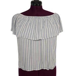 Women's Billabong Off the Shoulder Cropped Blue & Cream Rayon Blouse- Size Large
